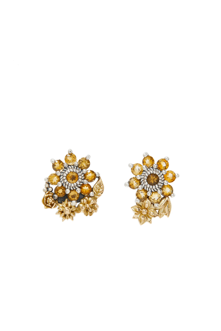Mismatched Floral Earrings, Sterling Silver, 18K Yellow Gold & Zircon